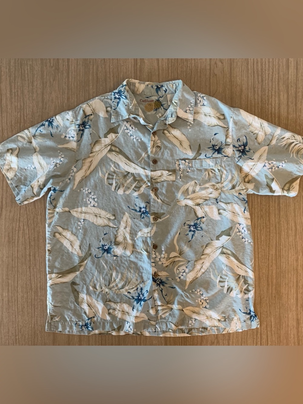 Caribbean Pineapple Large Button Up Shirt Lite Blue/Tan Floral Silk/Cotton Blend
